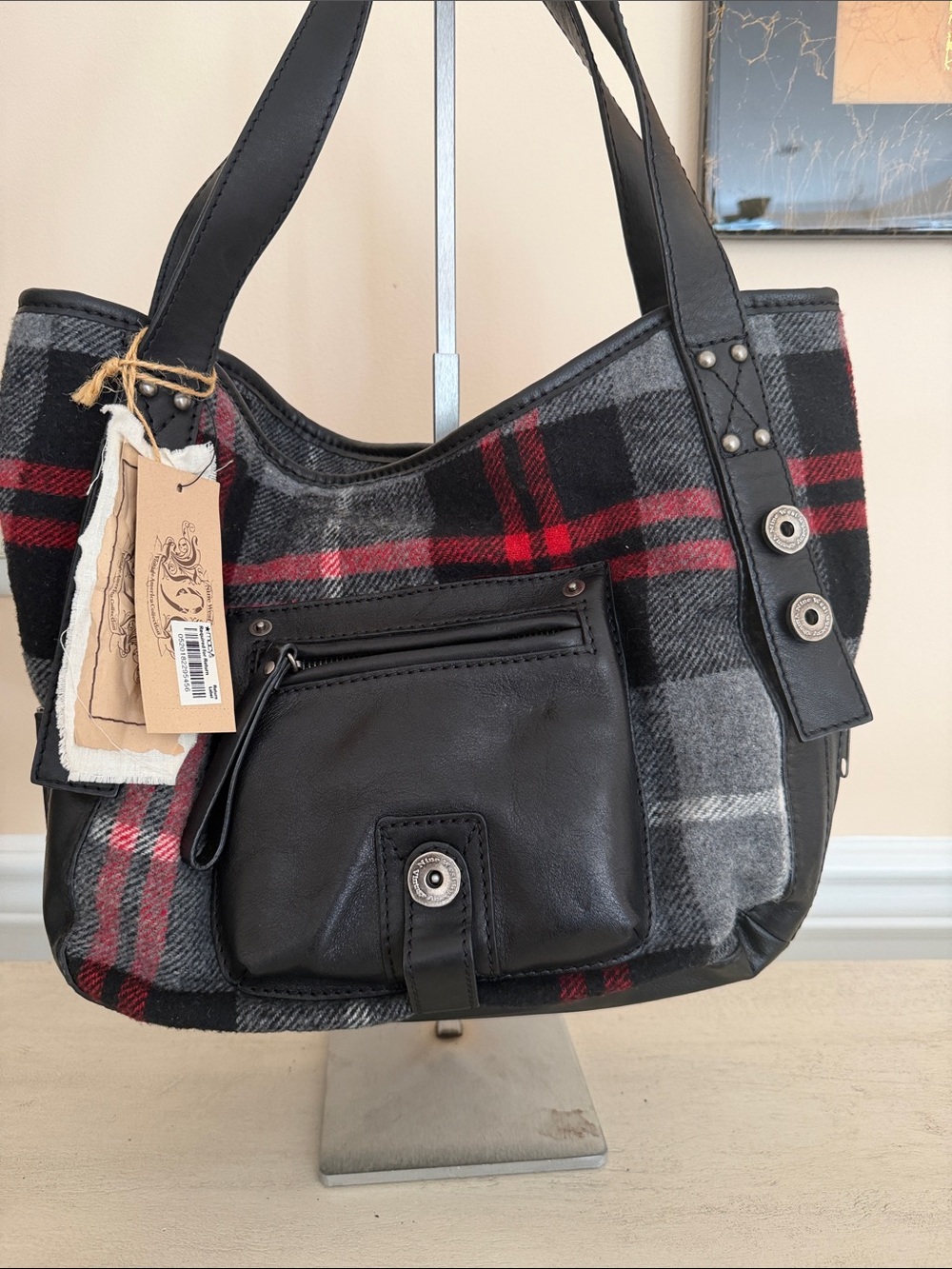 Nine West Skyler Plaid Black & Red Tote Bag with Front Pocket - Picture 8 of 8